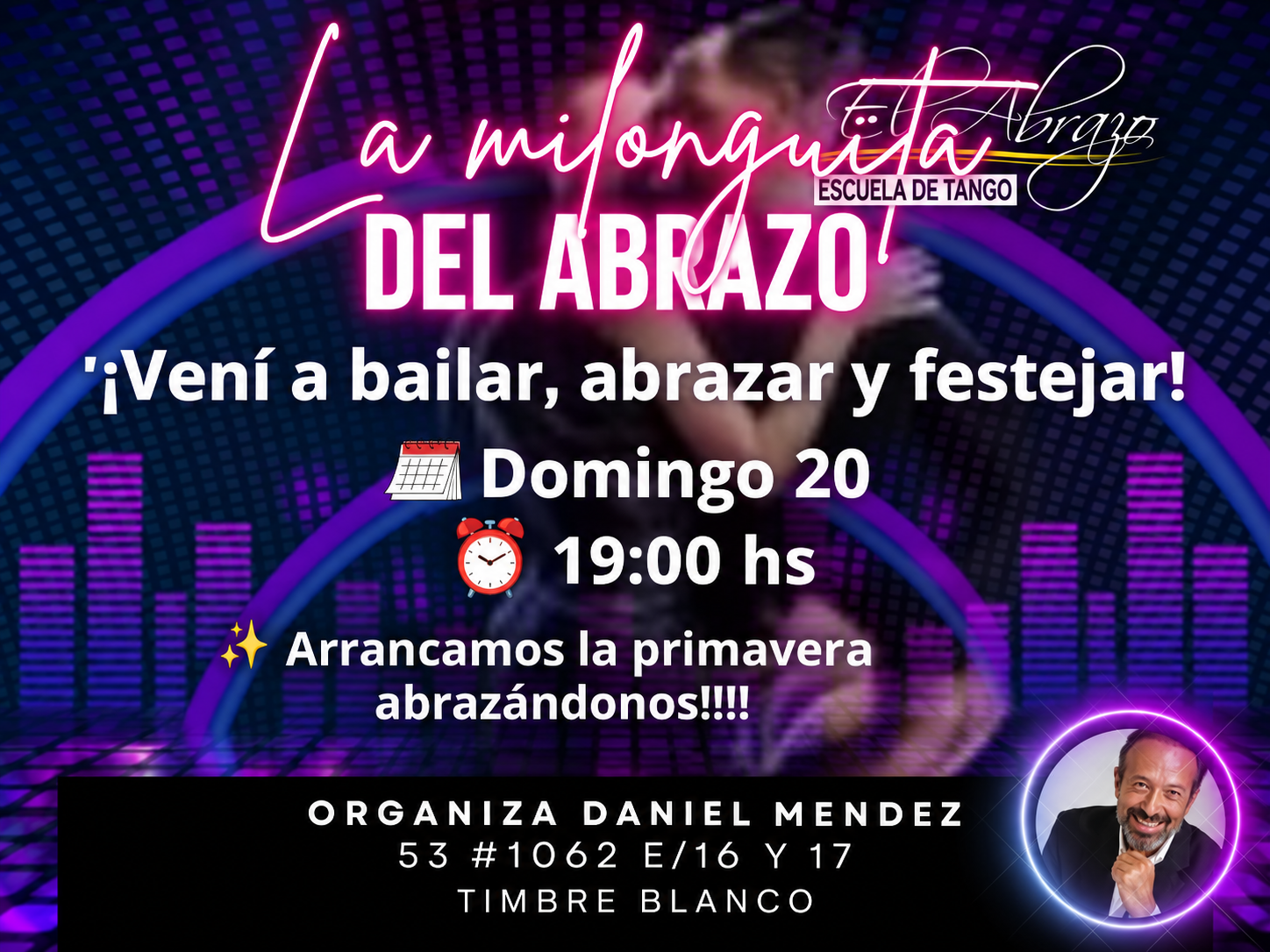 Flyer de La Milonguita del Abrazo, domingo 20 de septiembre a las 19 hs en La Plata, organizada por Daniel Méndez.