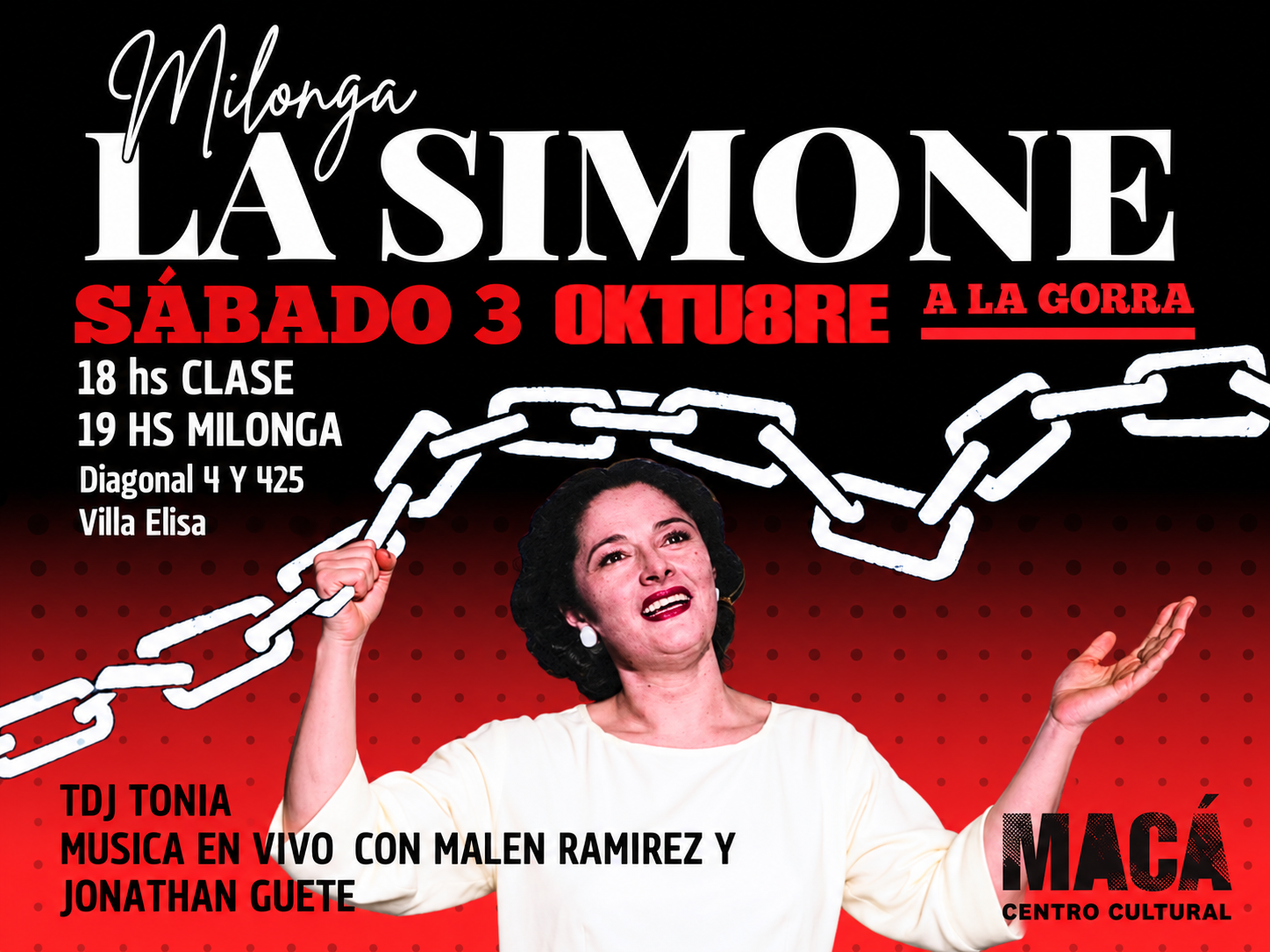 Flyer de Milonga La Simone en Villa Elisa, sábado 3 de octubre, con clase, TDJ Tonia y música en vivo con Malen Ramírez y Jonathan Guete.