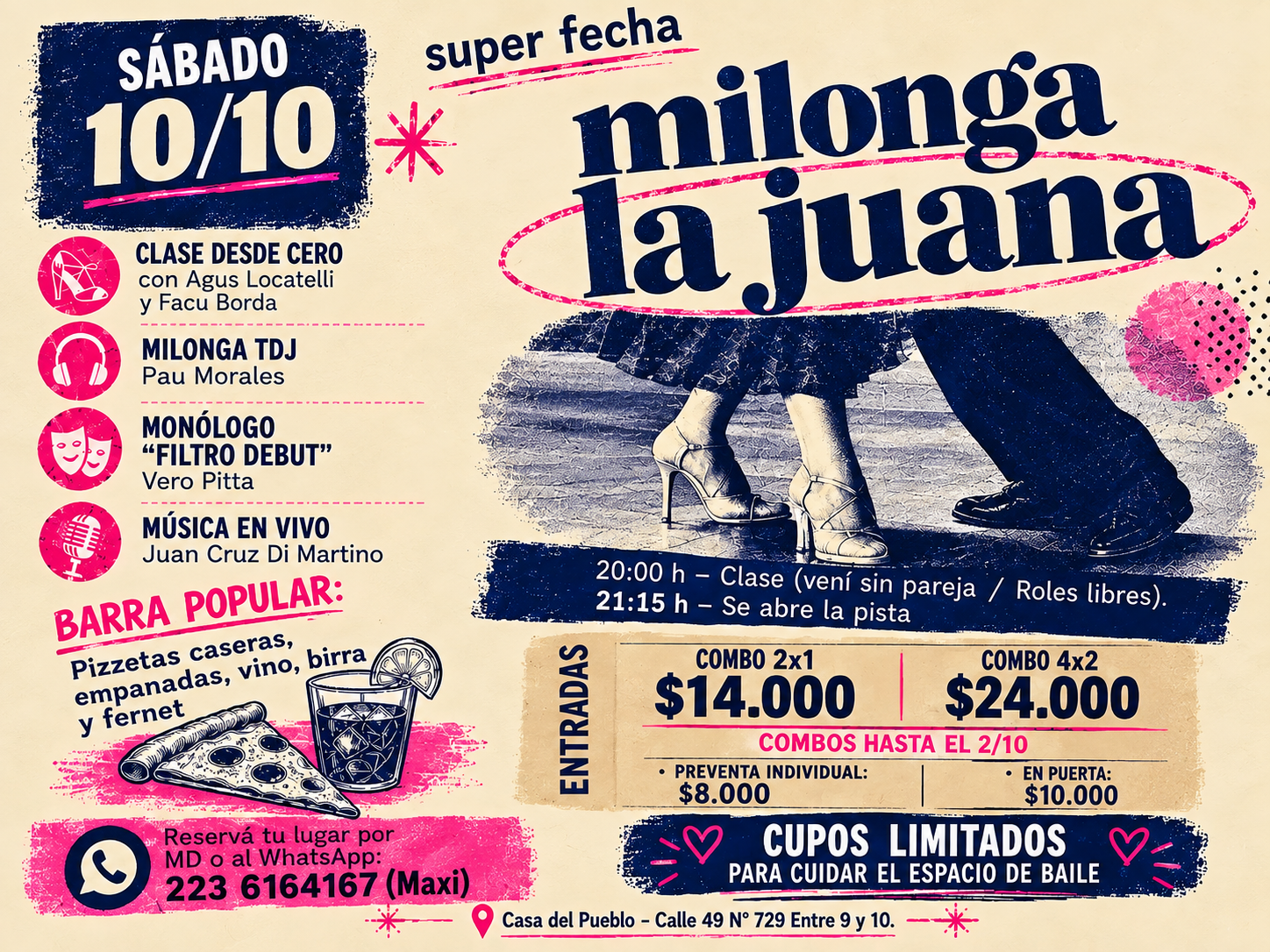 Flyer de Milonga La Juana en La Plata, sábado 10 de octubre, con clase desde cero, TDJ Pau Morales, música en vivo y monólogo.