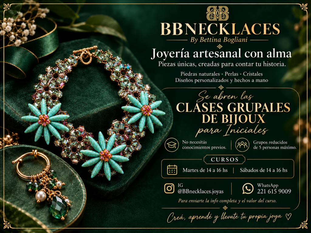 BB Necklaces de Bettina Bogliani: clases grupales de bijoux para principiantes y joyería artesanal hecha a mano.